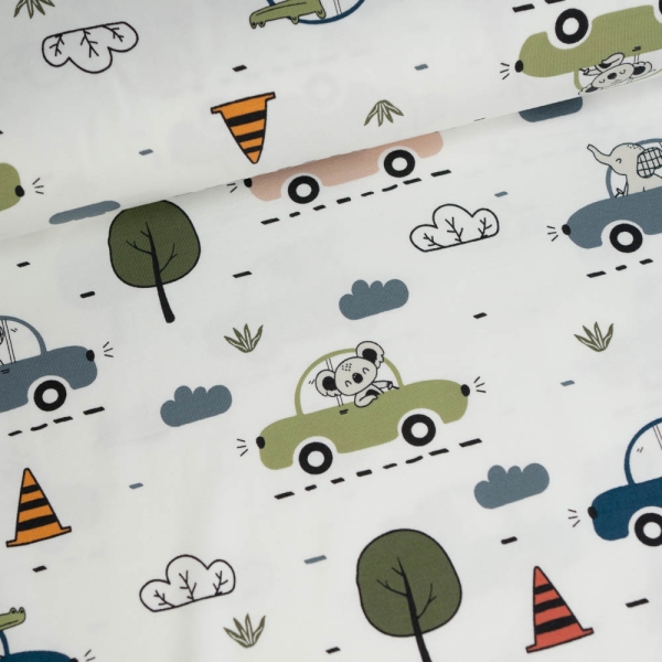 Baumwolljersey Safaritiere im Auto ecru