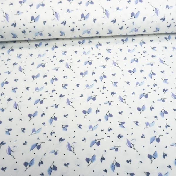 Baumwolljersey Zarte Blätter ecru-jeansblau