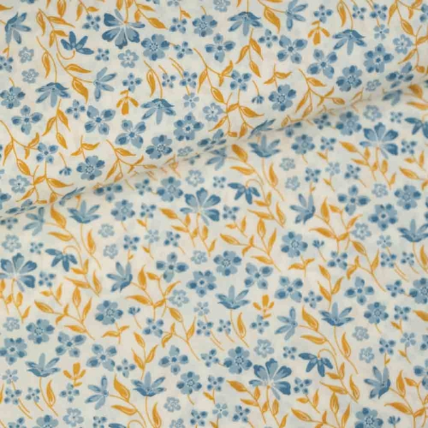Baumwoll Popeline kleine Blume mit Zweig jeansblau
