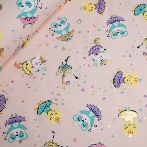 Baumwolljersey Folienprint Ballerina Tiere rosa