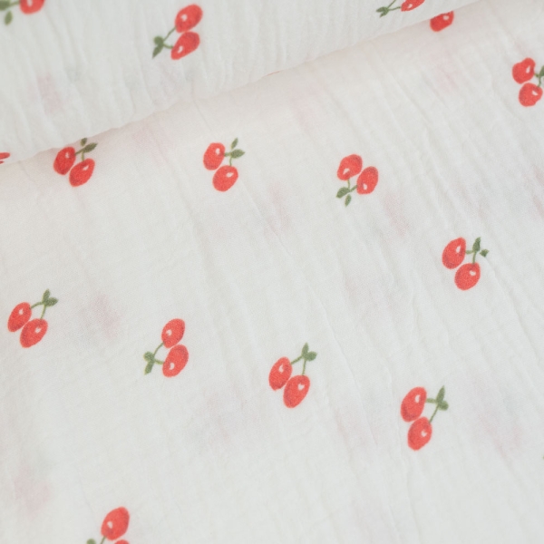 Musselin Double Gauze 250cm Überbreite Kirschen weiß