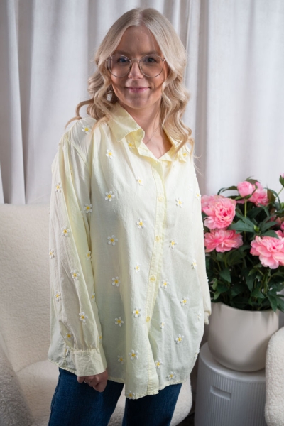 Baumwollbluse bestickt Gänseblümchen butter yellow