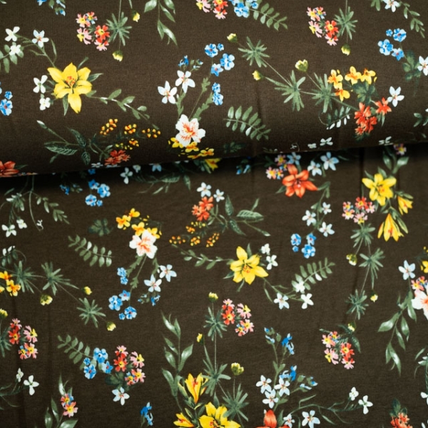 Viskosejersey Blumenwiese khaki