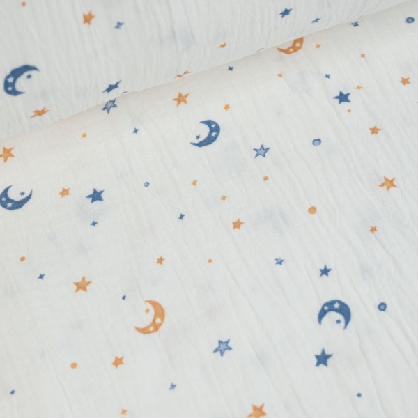 Musselin Double Gauze 250cm Überbreite Mond & Sterne weiß