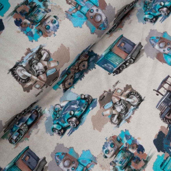 Baumwolljersey Rakete & Roboter taupe