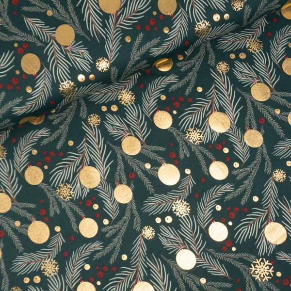 Baumwolljersey Foil Print Christmas Bells tannengrün