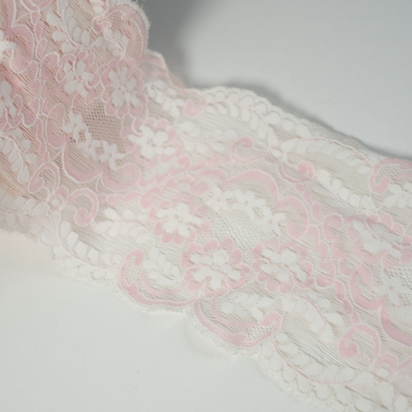 Elastische Spitzenborte Stickerei 15cm rosa-weiß