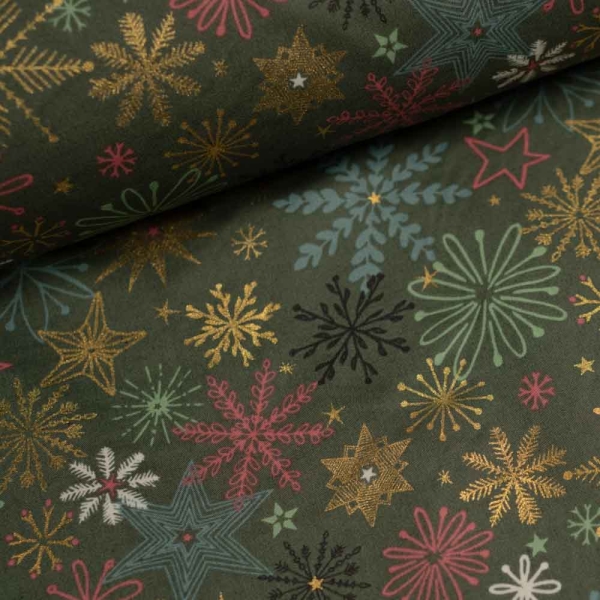 Baumwollwebware Glam Schneeflocken khaki