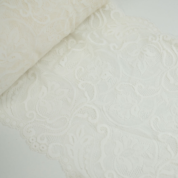 Elastische Spitzenborte 21cm Ornamente weiß