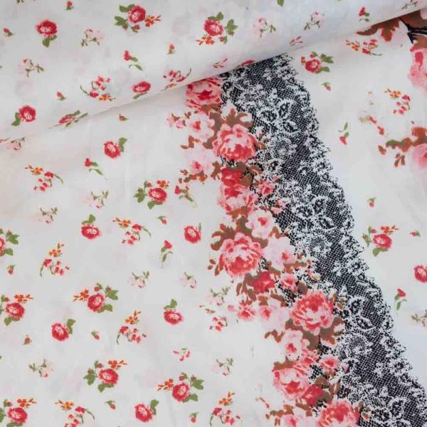 Baumwollsatin Bordüre Blümchen weiß