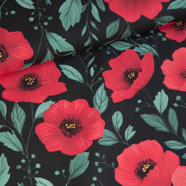 Baumwoll Popeline Mohnblüte schwarz