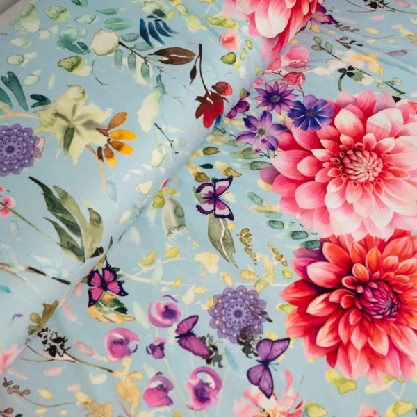 Baumwolljersey Blumentraum hellblau