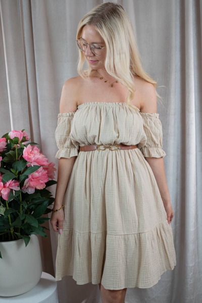 Musselin Kleid Off-Shoulder Kleid beige