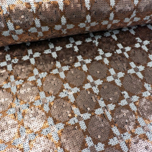 Reststück 1,80m Pailetten auf Mesh braun-weiß