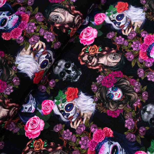 Baumwolljersey Mexiko Flowers schwarz