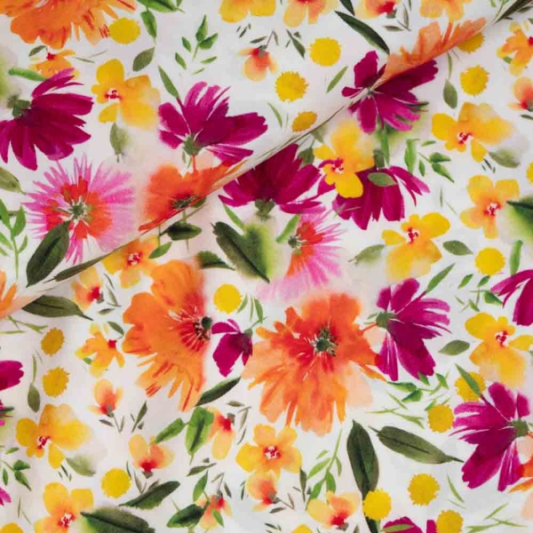 Viskose Stretch Sommerblumen weiß