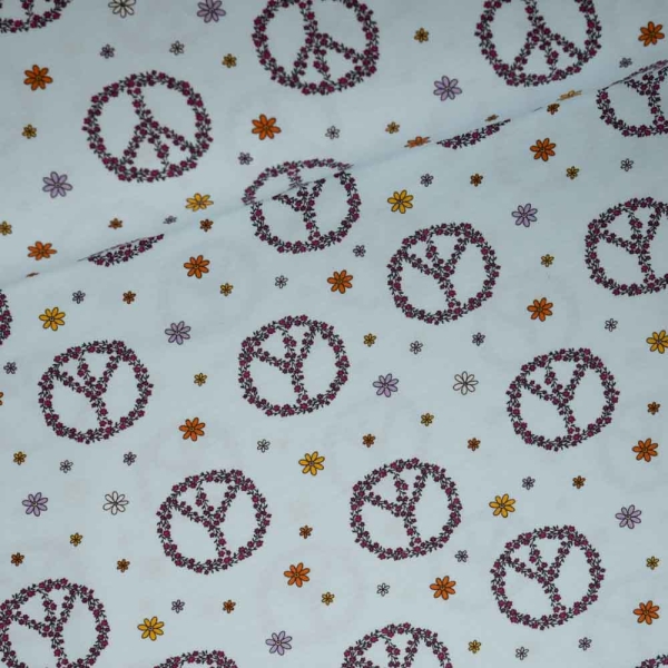 Baumwolljersey Peace & Flower Power hellblau