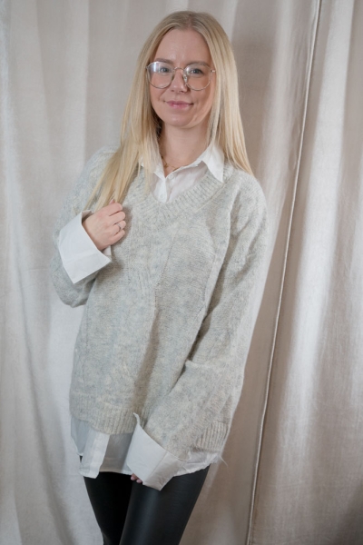 Strick Pullover mit Bluseneinsatz grau