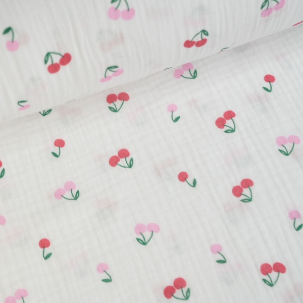 Musselin Double Gauze Kirschen weiß