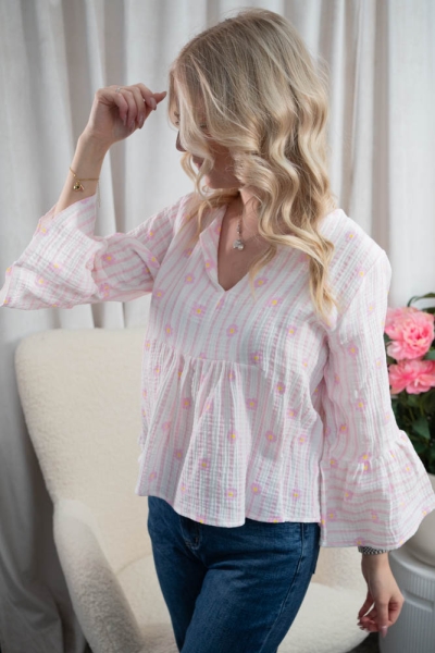 Musselin Bluse Stripes & Flowers rosa