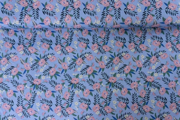 Baumwollwebware Gezeichnete Blumen jeansblau