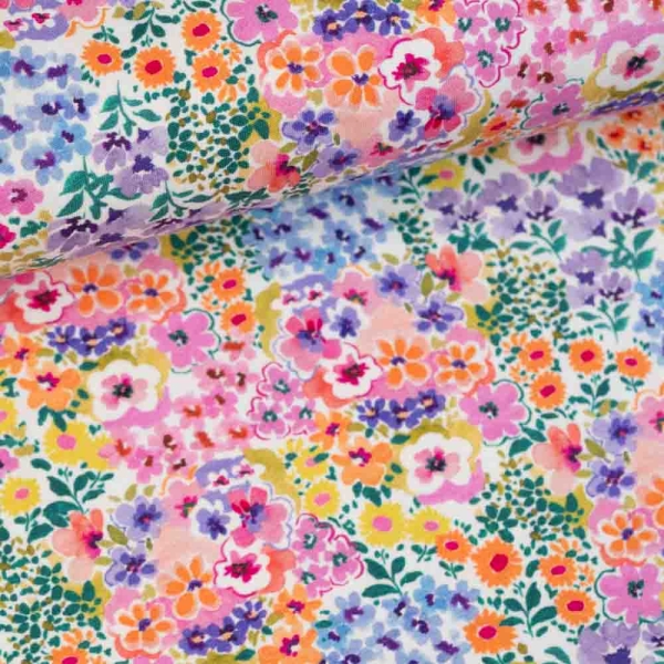 Baumwolljersey bunte Blümchen weiß