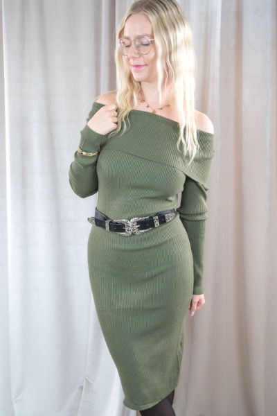 Rippstrick Kleid Off-Shoulder khaki