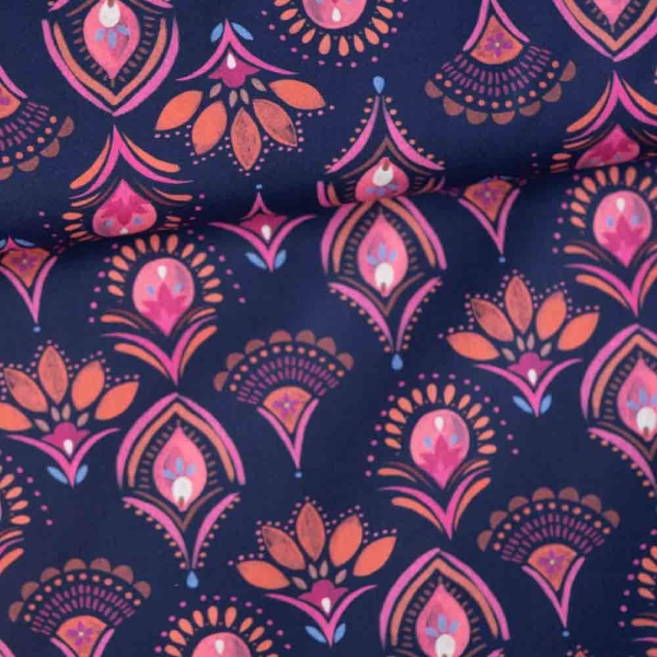 Baumwoll Popeline Pünktchen Blume navy
