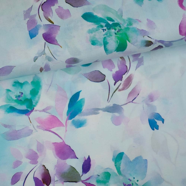 Viskosewebware Aquarellblumen pastellblau