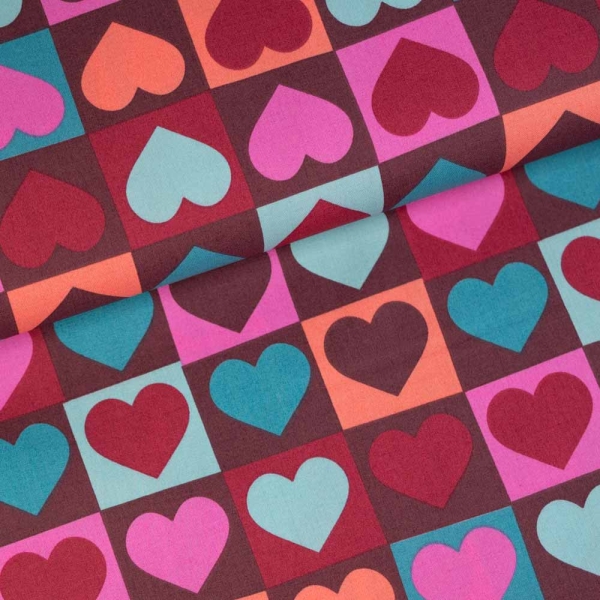 Baumwoll Popeline Herzen im Viereck bordeaux