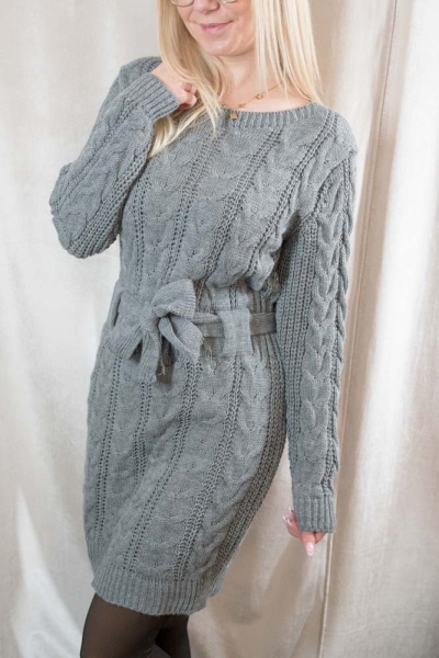Zopf Strickkleid mit Bindegürtel anthra