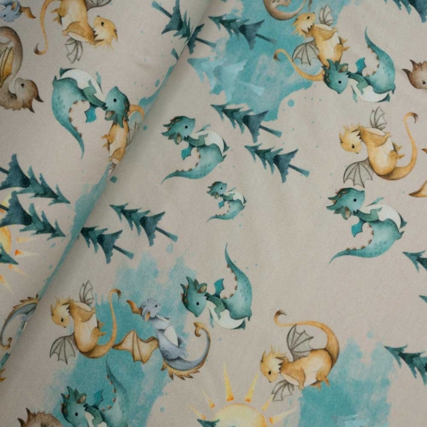 Baumwolljersey Aquarell Drachen beige