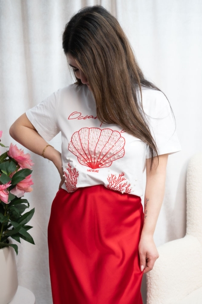 Baumwoll T-Shirt Muscheln & Perlen rot