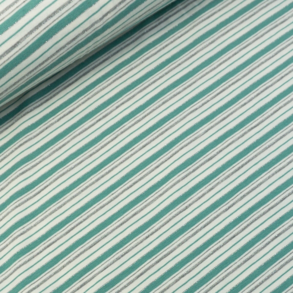 Baumwolljersey Soft Lurex Stripes ecru-grau-mint