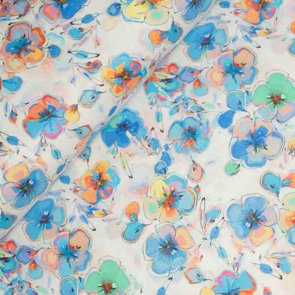 Baumwoll Popeline Stretch Blumenzauber blau