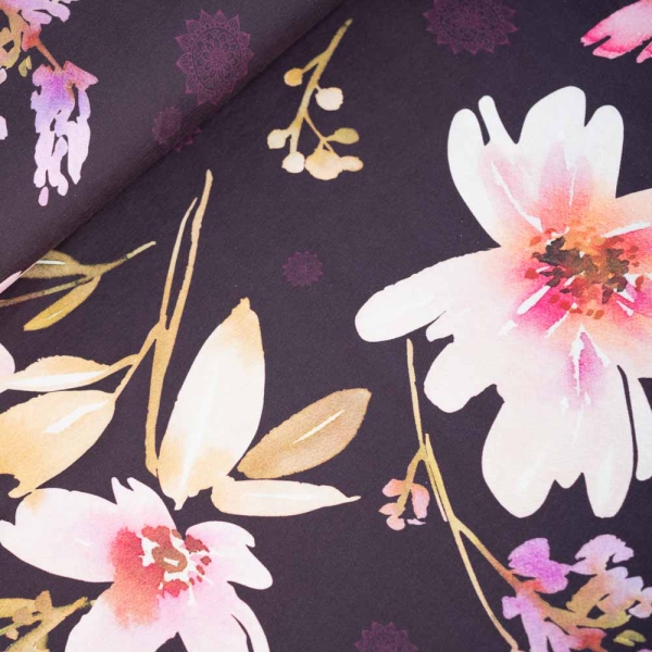 Baumwolljersey Aquarellblume aubergine