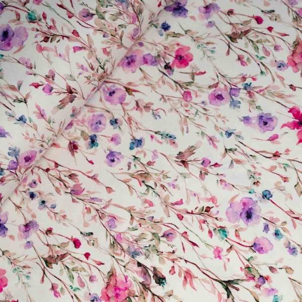 Baumwolltwill Stretch Aquarellblümchen Zweige pink