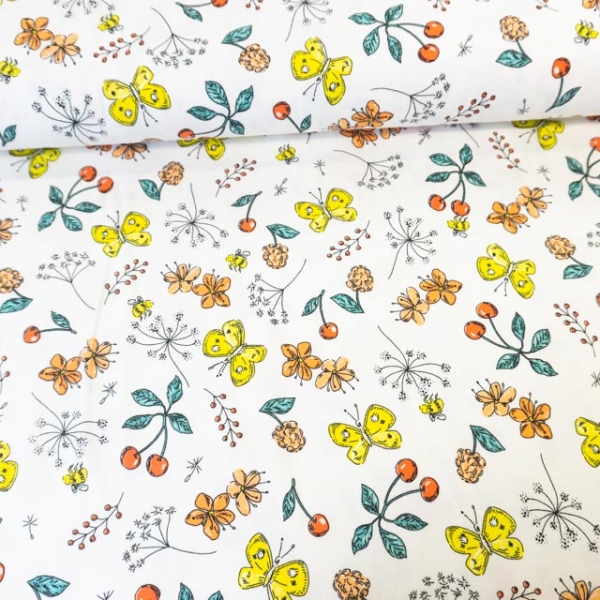 Baumwolljersey Fruit and Butterfly weiß