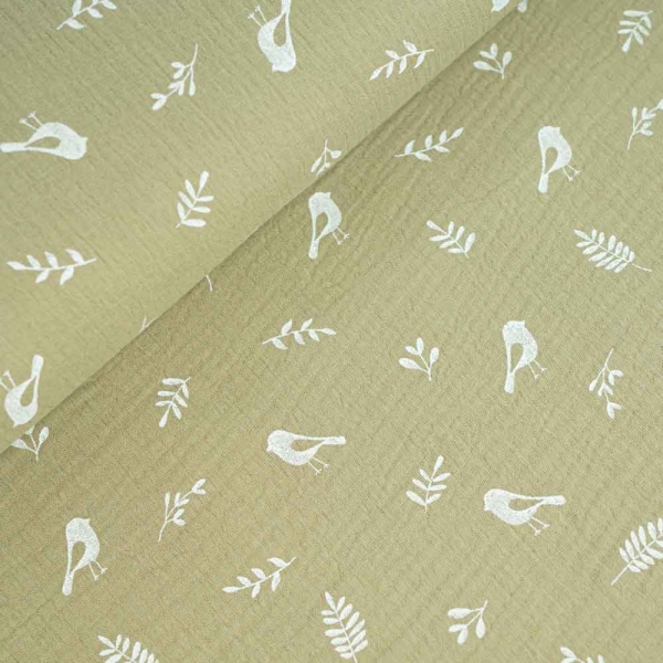 Musselin Double Gauze Vögelchen khaki hell