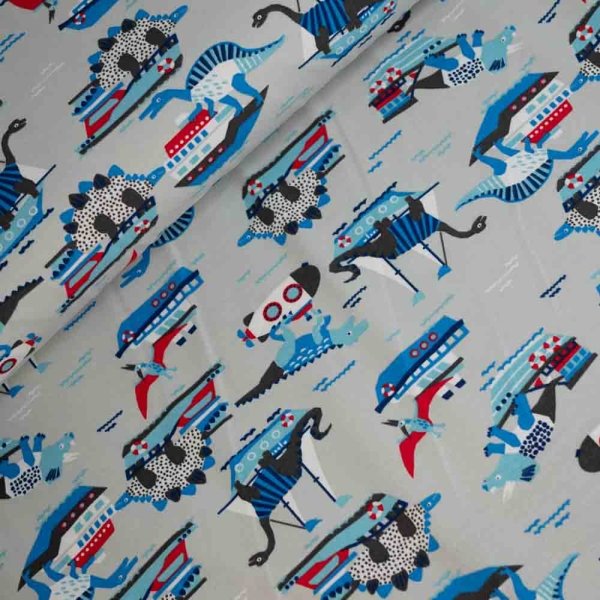 Baumwolljersey Dinos und Boote grau