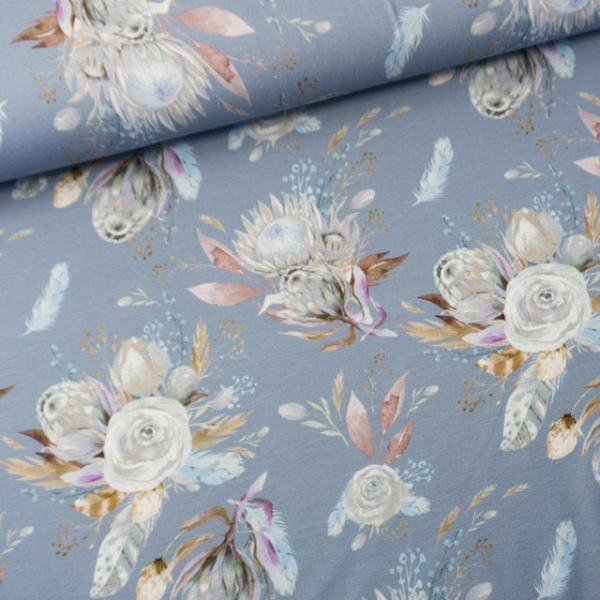 Viskosejersey Chrysanthemen jeansblau