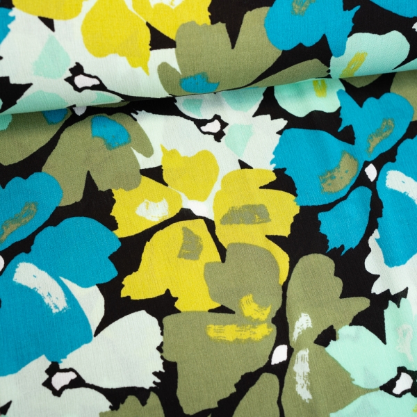 Viskosewebware Crinkle Große Blumen mint-türkis-pistazie