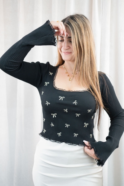 Langarmshirt Rippstrick Schleifen schwarz S/M
