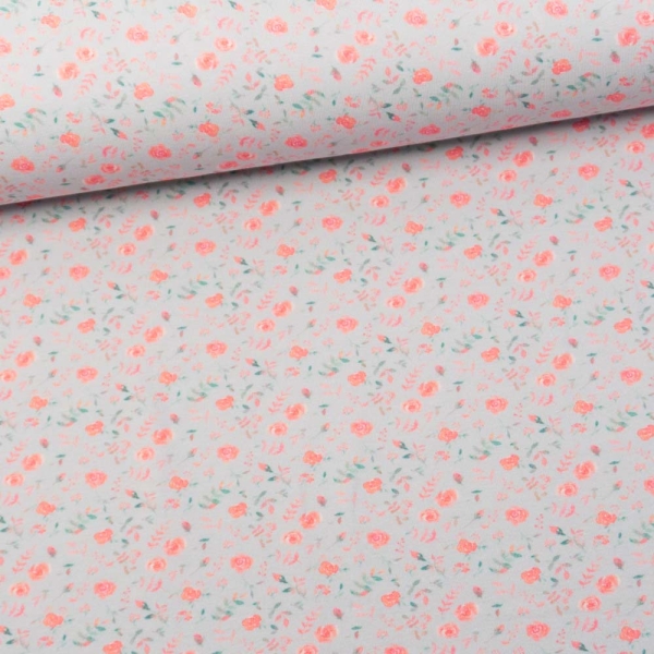 Baumwolljersey Digital Kleine Rosen hellgrau
