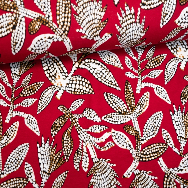 Viskosejersey Tupfenblätter dunkelrot