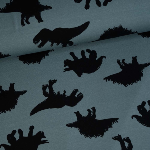 French Terry Sweat schwarze Dinos jeansblau