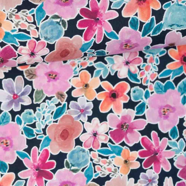 Baumwoll Popeline Line Flowers navy