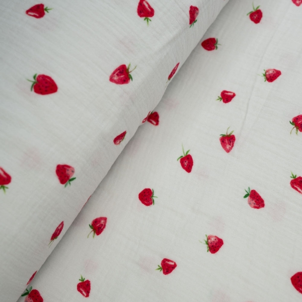 Musselin Double Erdbeeren weiß