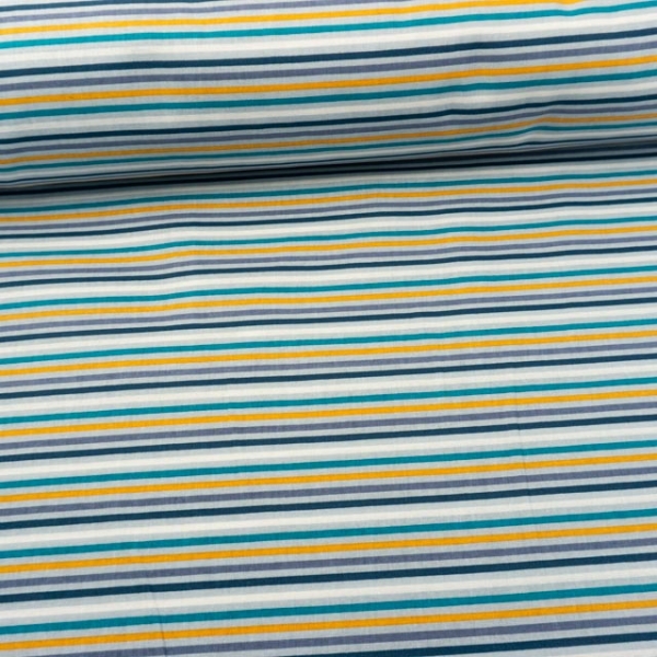Baumwollwebware Stripes weiß-hellblau-petrol-senf