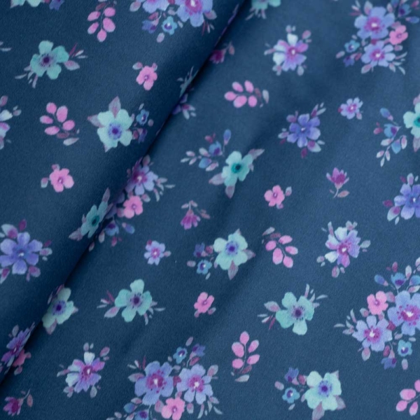 Baumwoll Popeline Blümchen Bouquet jeansblau